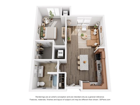 a 1 bedroom floor plan with a bedroom and a living room